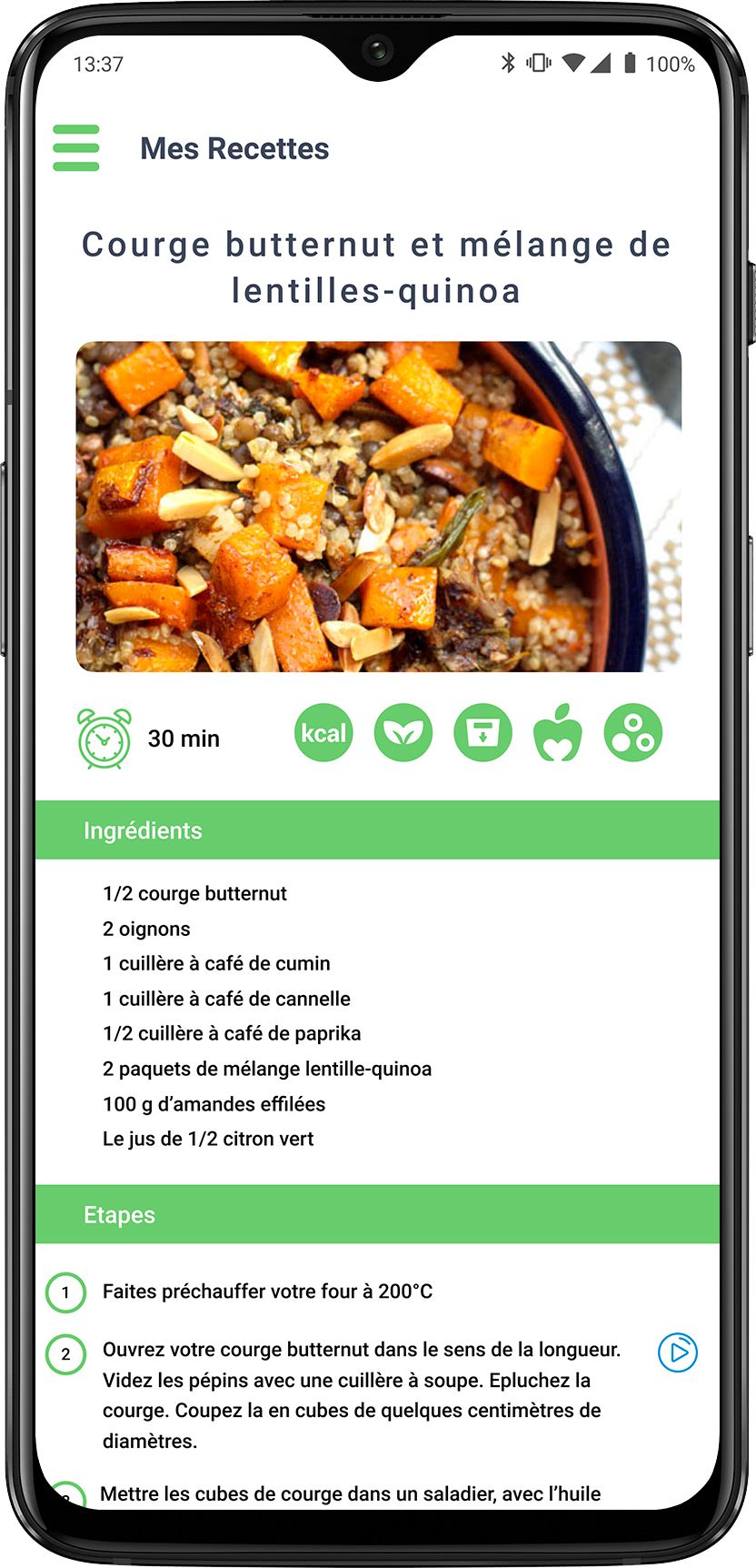 Le détail de la recette de courge butternut aux lentilles-quinoa sélectionnée par un utilisateur dans Octave avec toutes les étapes de la réalisation