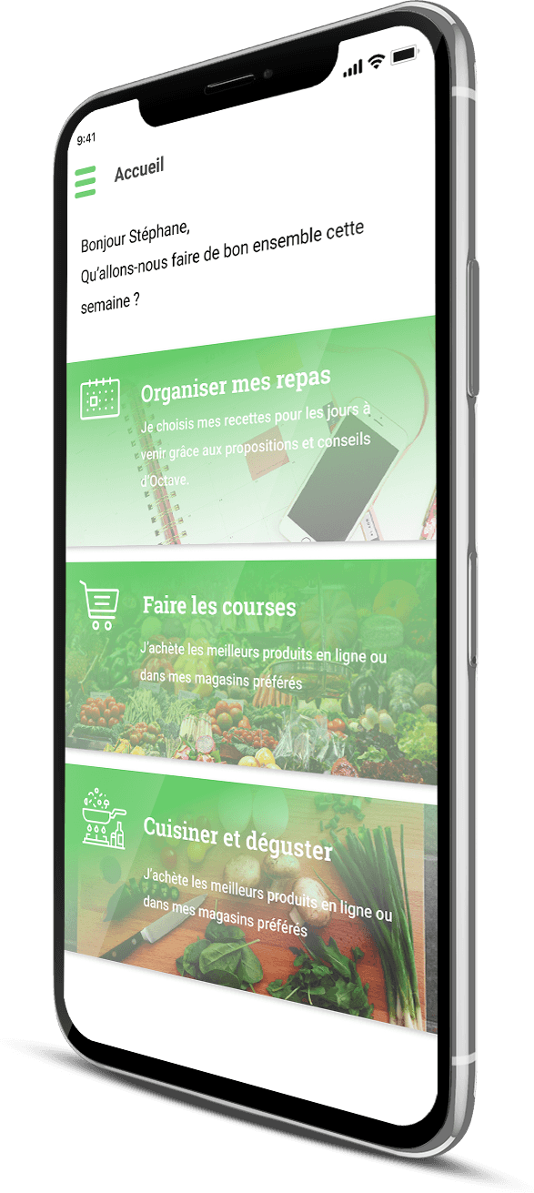 L'application Octave ouverte dans un iPhone avec les trois menus principaux visibles : planifier ses repas, faire ses courses, cuisiner les recettes